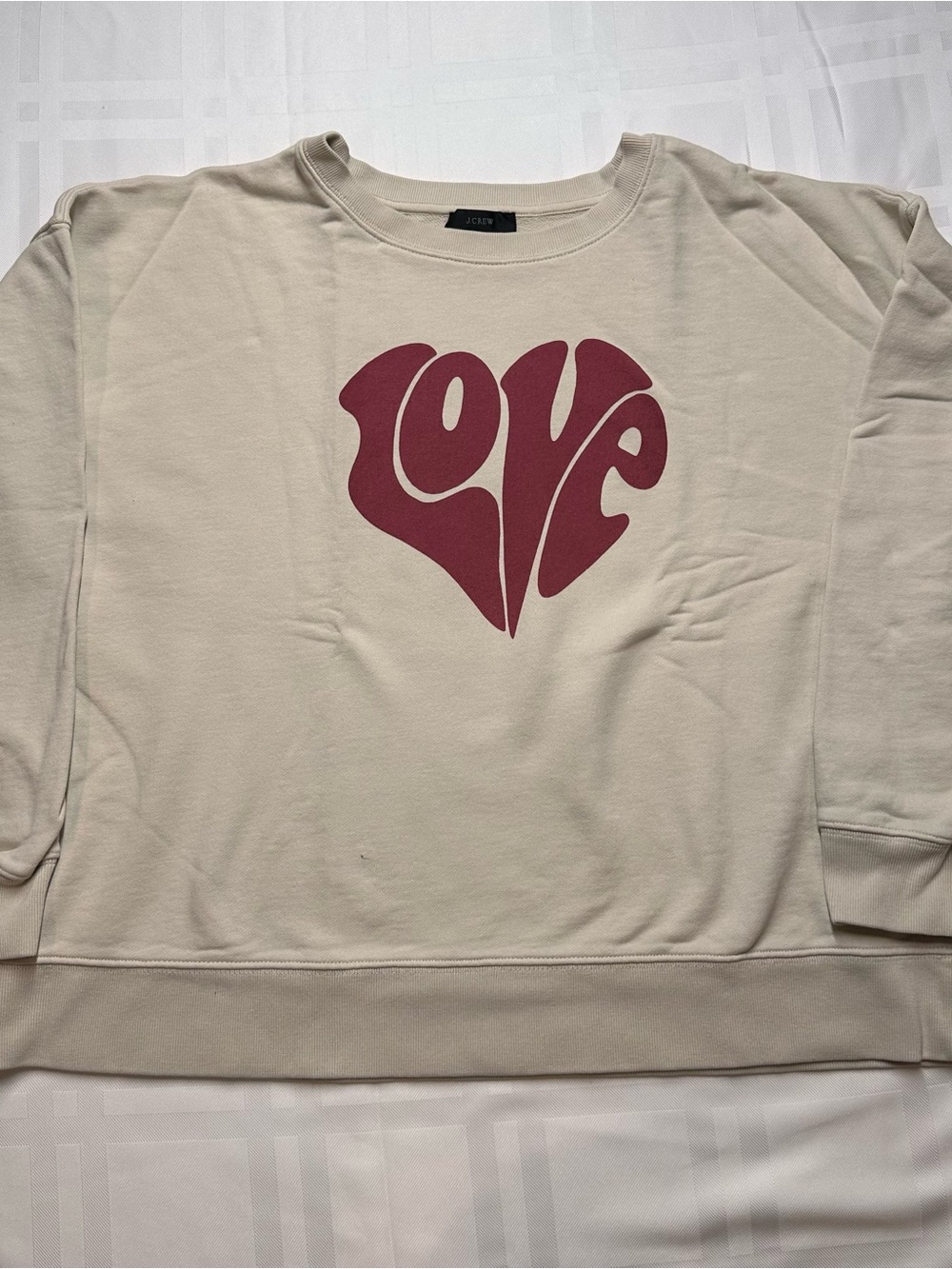 J. Crew Cream Crewneck Sweatshirt with Maroon Love Heart Graphic